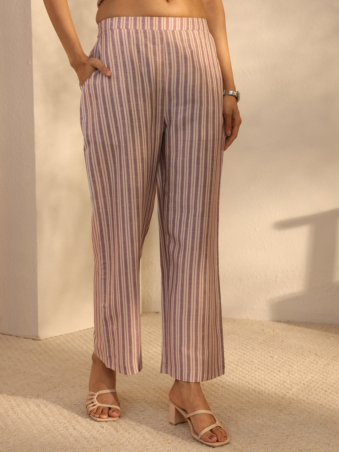 Off White Striped Printed Cotton Blend Straight Suits Set With Dupatta