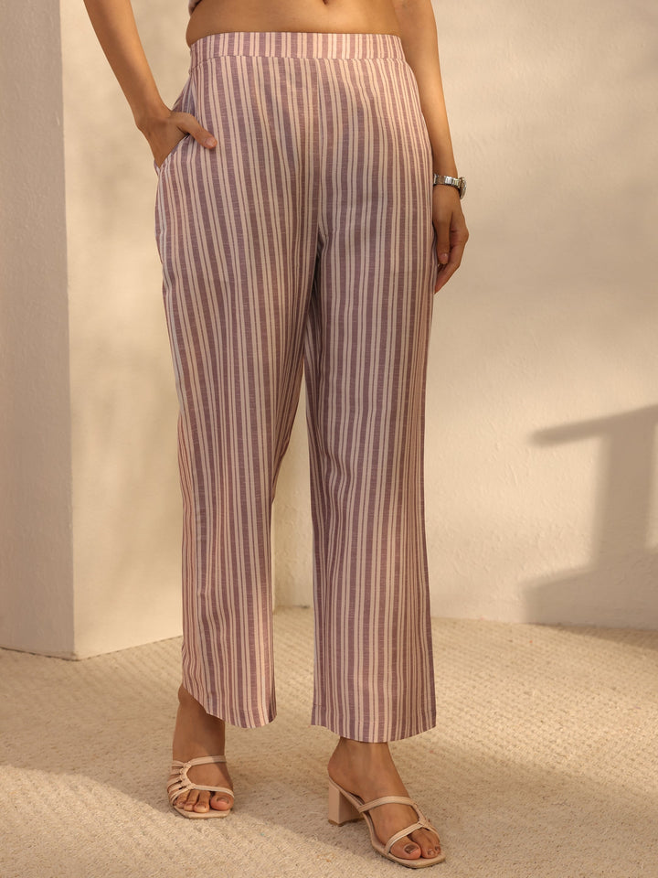 Off White Striped Printed Cotton Blend Straight Suits Set With Dupatta