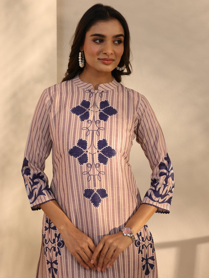 Off White Striped Printed Cotton Blend Straight Suits Set With Dupatta