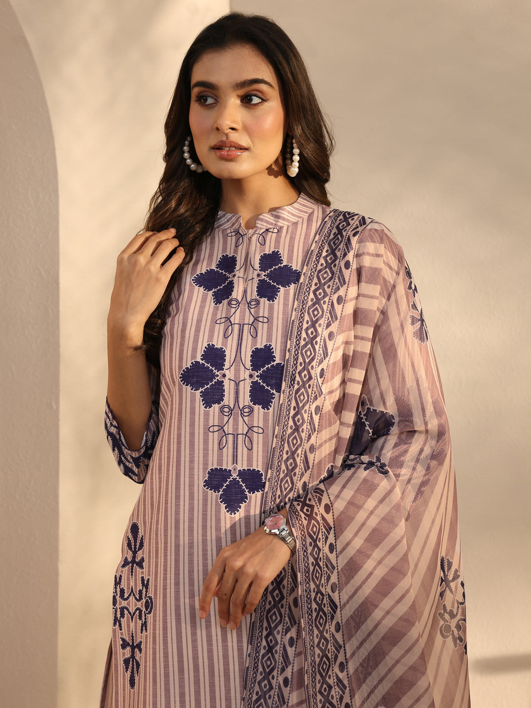 Off White Striped Printed Cotton Blend Straight Suits Set With Dupatta