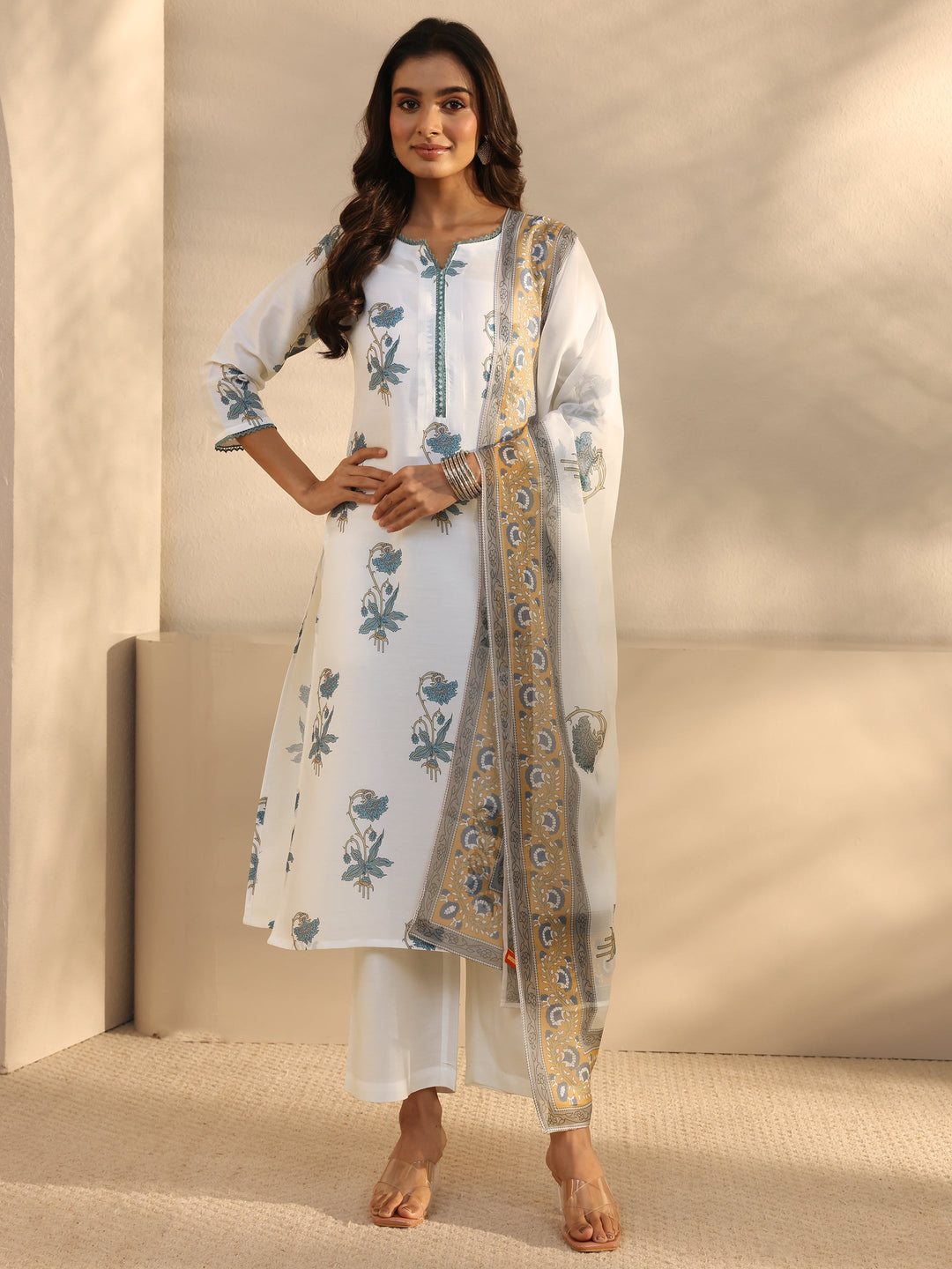 White Floral Printed Cotton Blend Straight Suits Set With Dupatta