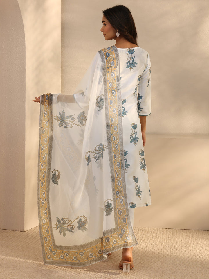 White Floral Printed Cotton Blend Straight Suits Set With Dupatta