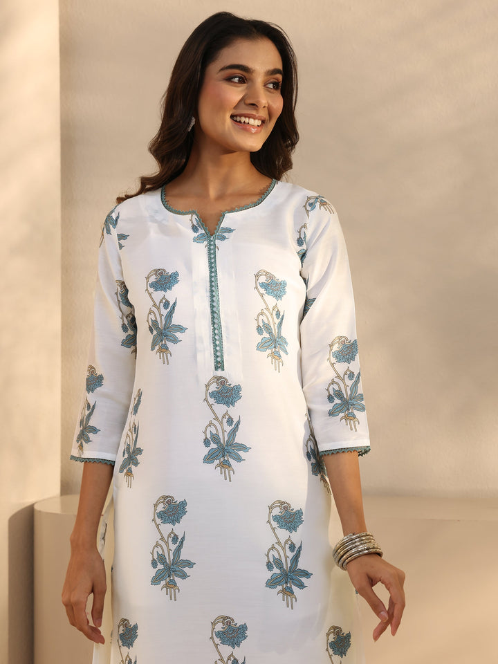 White Floral Printed Cotton Blend Straight Suits Set With Dupatta