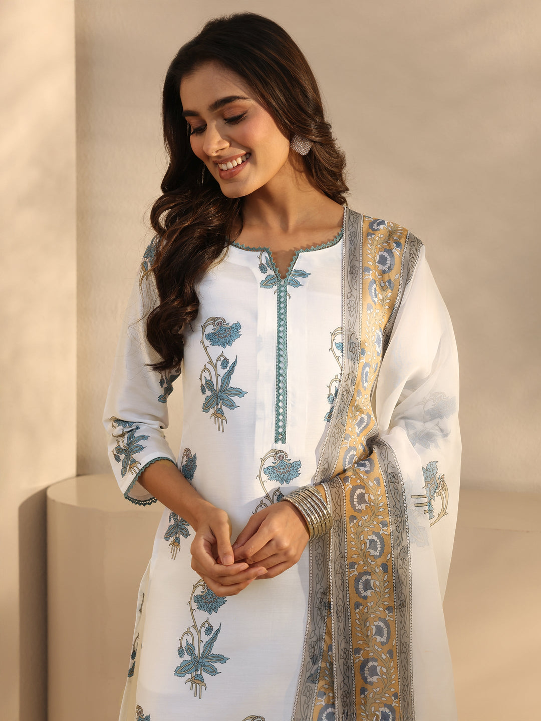 White Floral Printed Cotton Blend Straight Suits Set With Dupatta