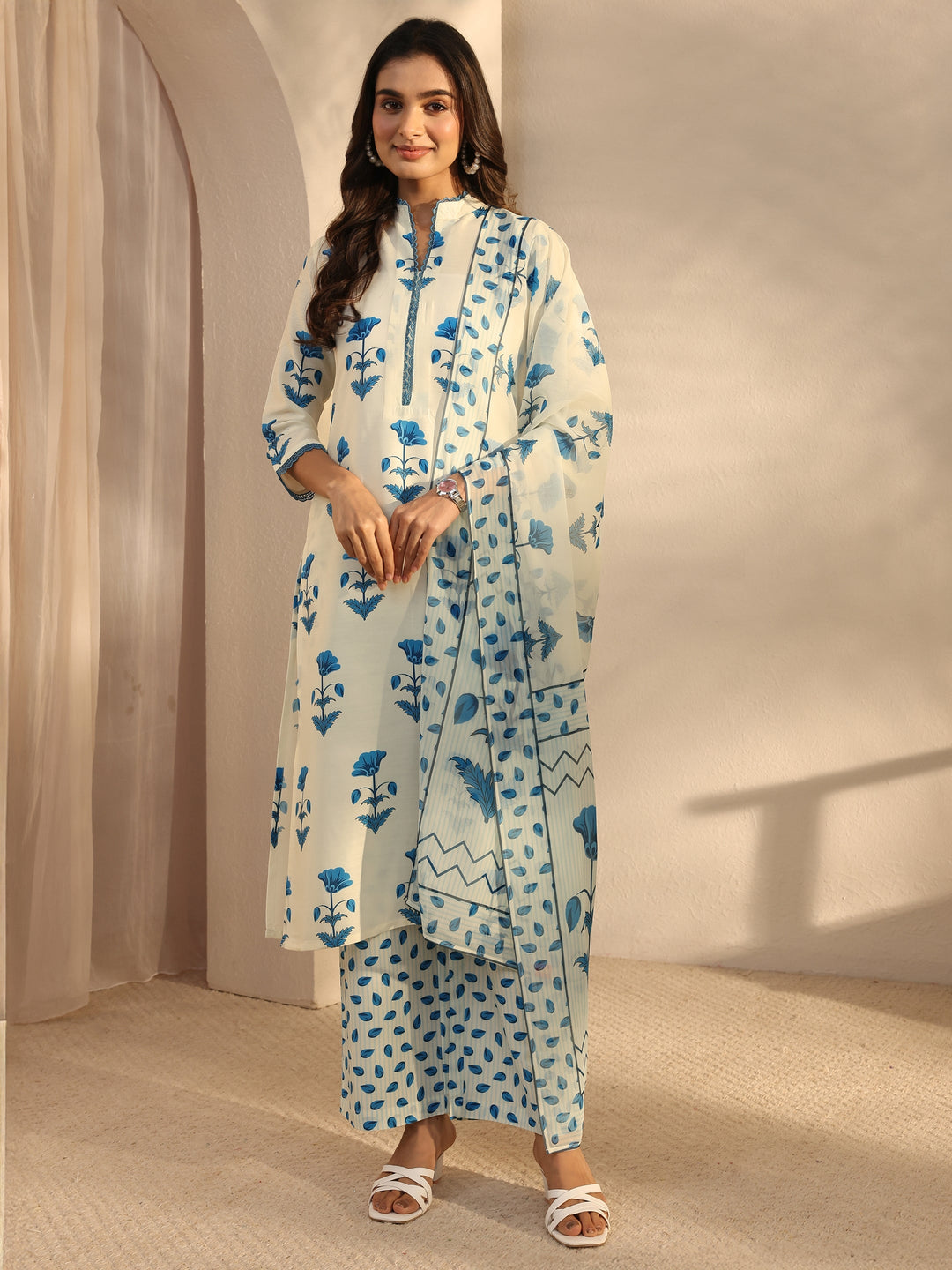 Cream Floral Printed Cotton Blend Straight Suits Set With Dupatta