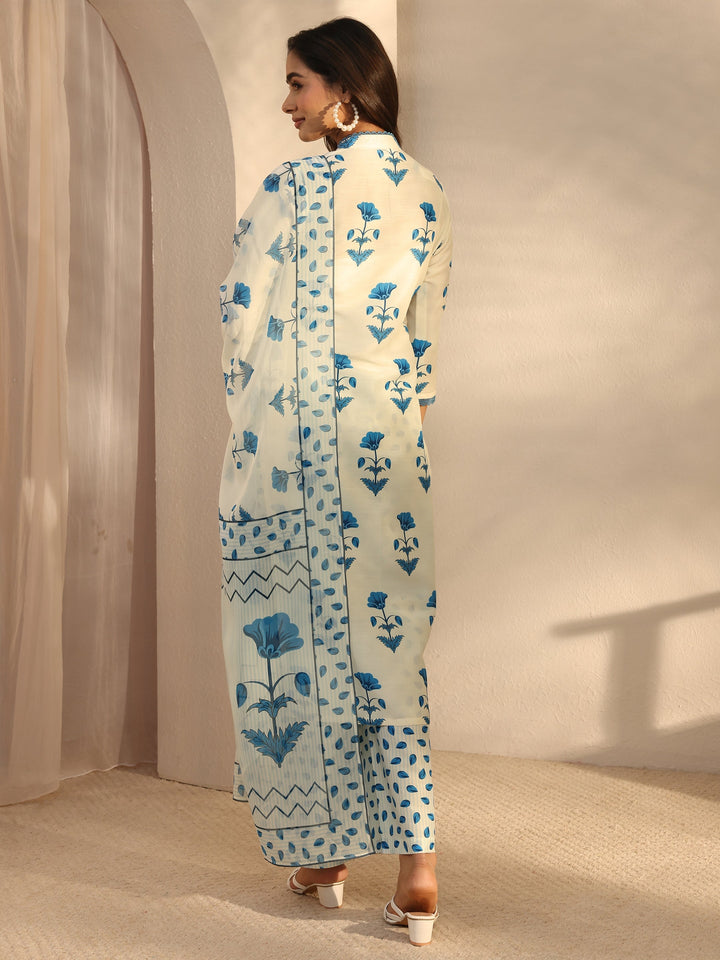 Cream Floral Printed Cotton Blend Straight Suits Set With Dupatta