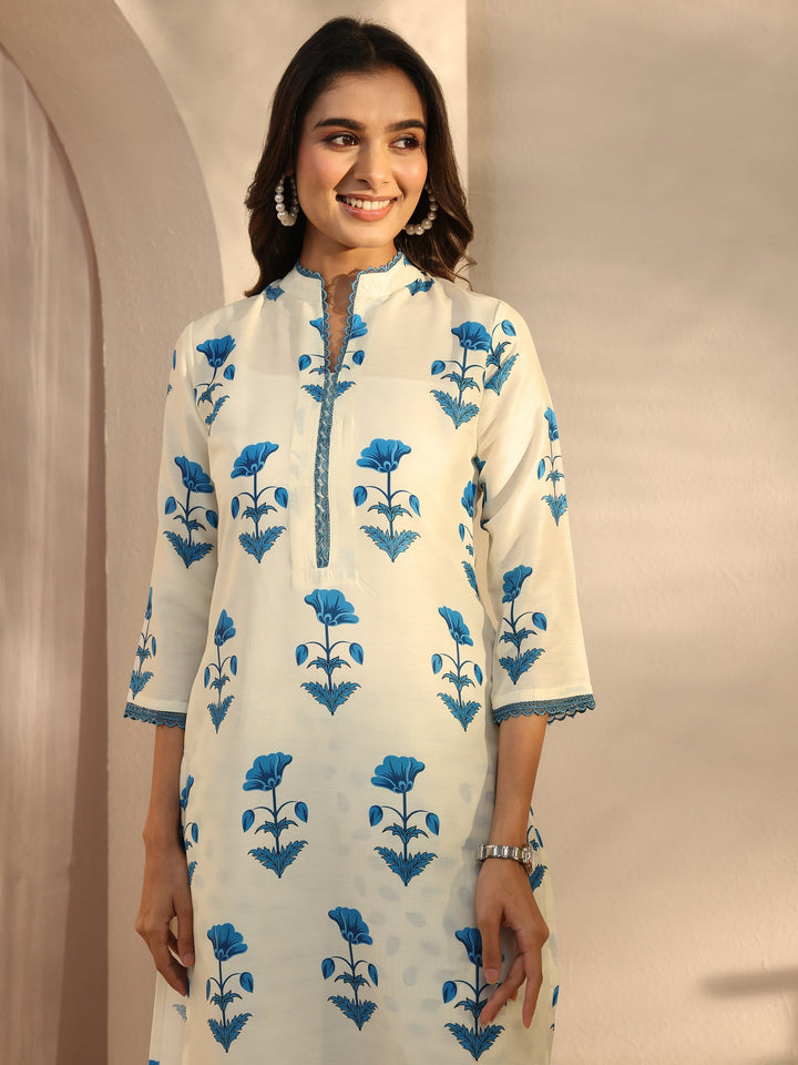 Cream Floral Printed Cotton Blend Straight Suits Set With Dupatta
