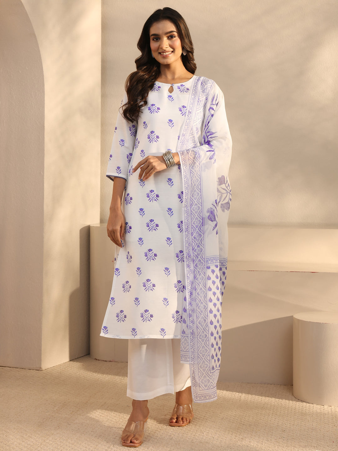 White Floral Printed Cotton Blend Straight Suits Set With Dupatta