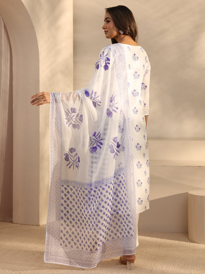White Floral Printed Cotton Blend Straight Suits Set With Dupatta