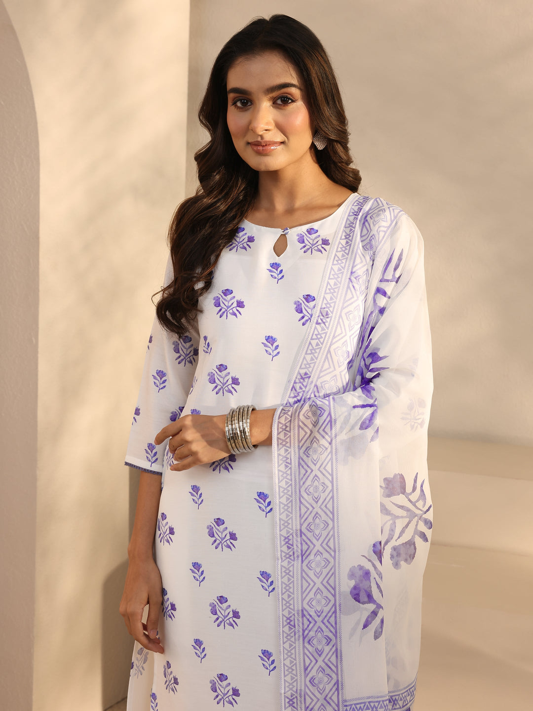 White Floral Printed Cotton Blend Straight Suits Set With Dupatta