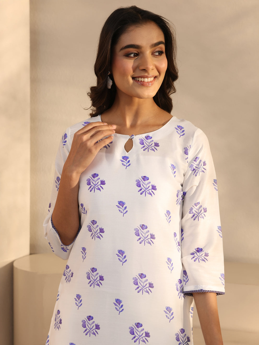 White Floral Printed Cotton Blend Straight Suits Set With Dupatta