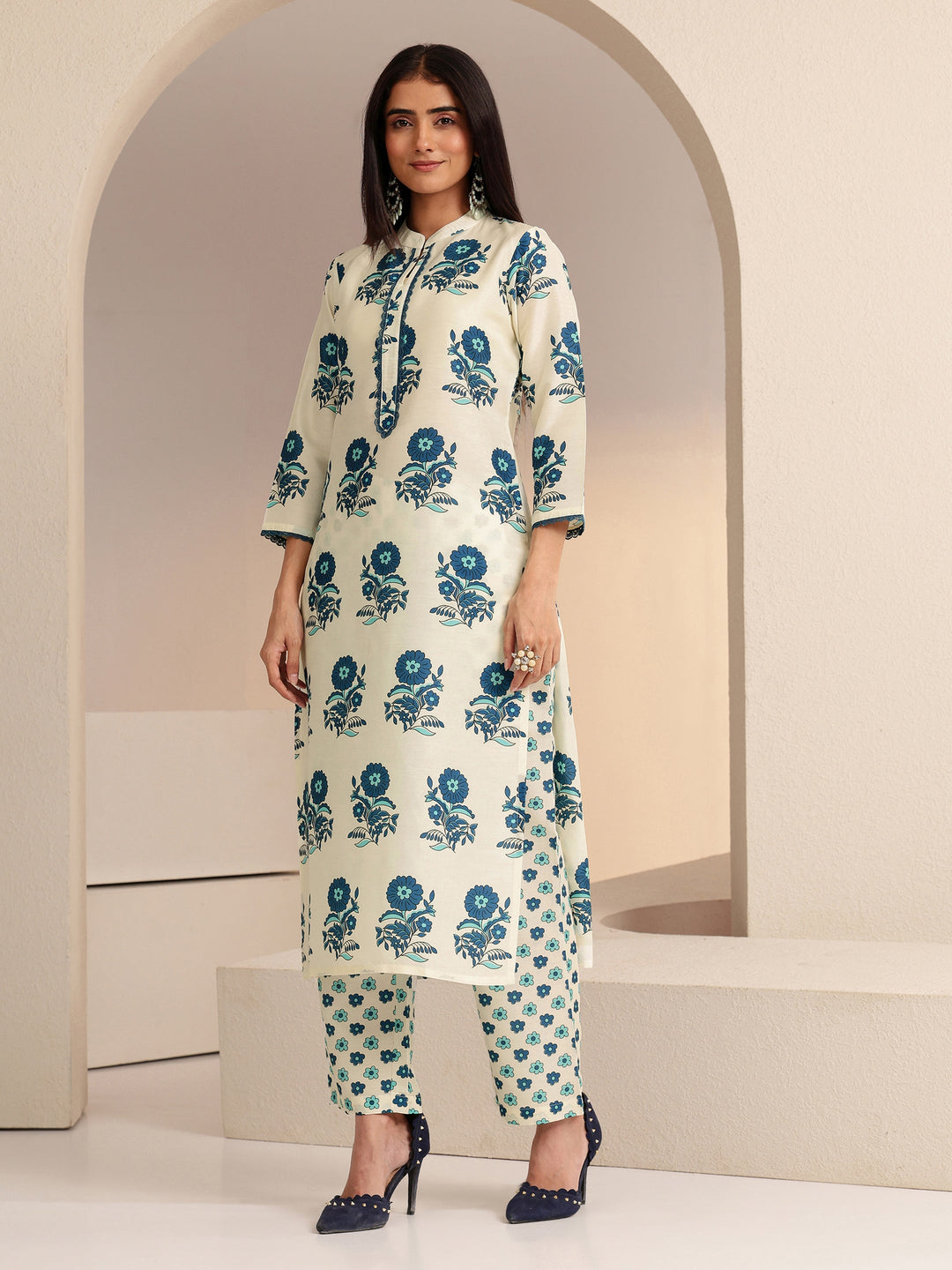 Libas Ivory Floral Printed Straight Cotton Blend Suit Set