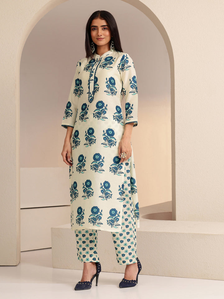Libas Ivory Floral Printed Straight Cotton Blend Suit Set