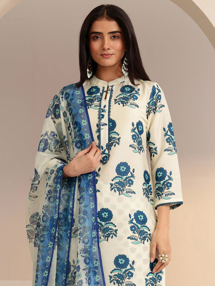 Libas Ivory Floral Printed Straight Cotton Blend Suit Set