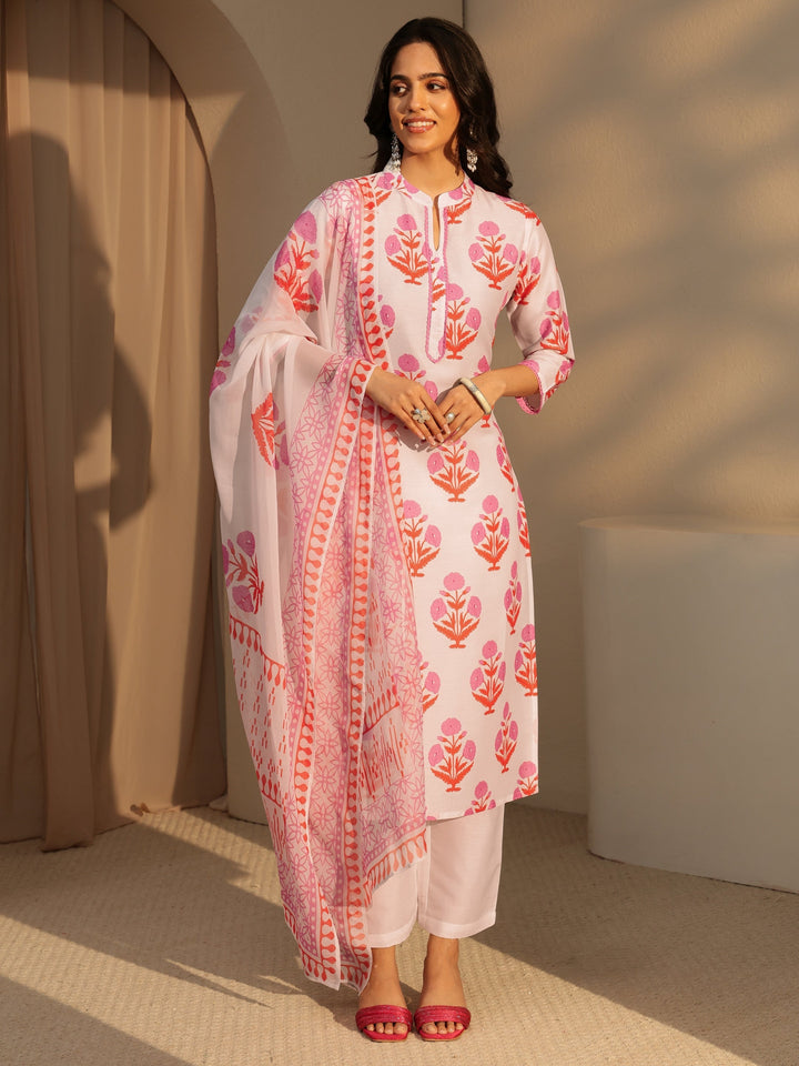 Libas White Floral Printed Straight  Cotton Blend Suit Set