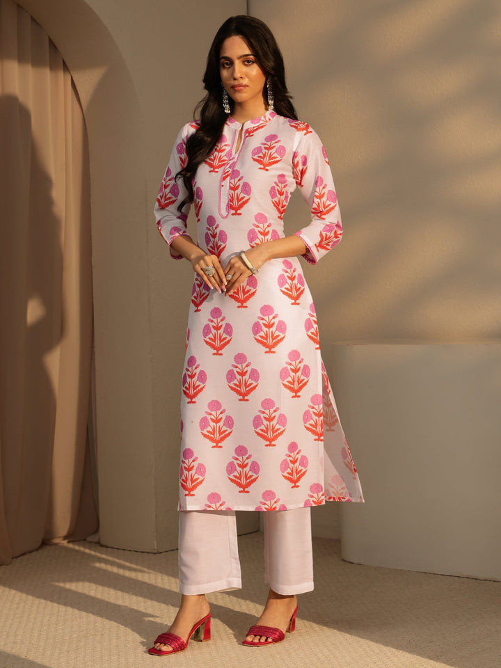 Libas White Floral Printed Straight  Cotton Blend Suit Set
