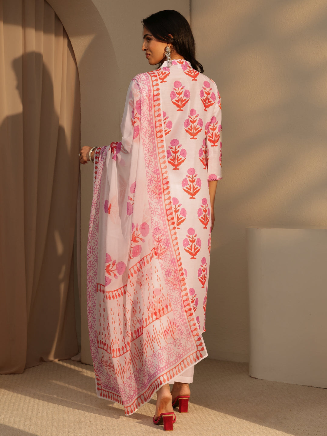Libas White Floral Printed Straight  Cotton Blend Suit Set