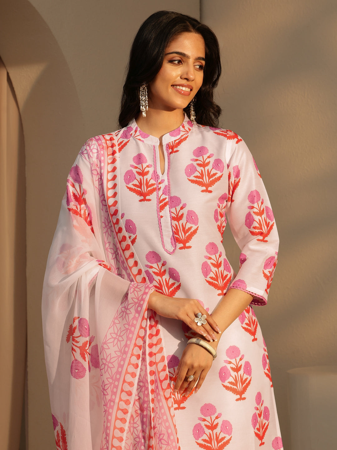 Libas White Floral Printed Straight  Cotton Blend Suit Set
