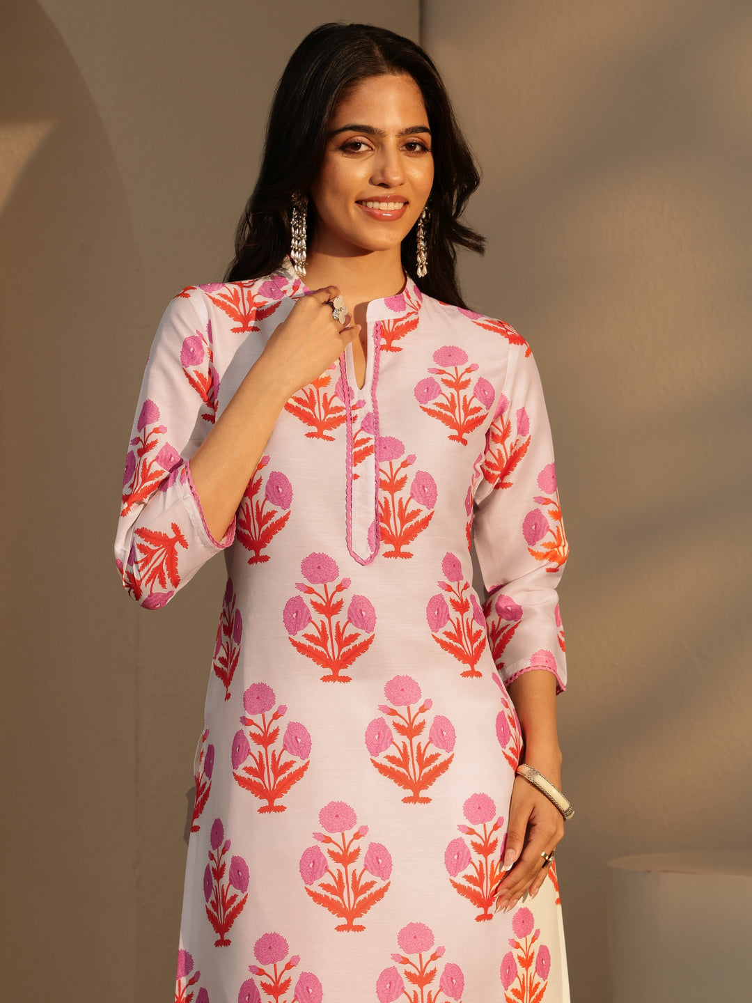 Libas White Floral Printed Straight  Cotton Blend Suit Set