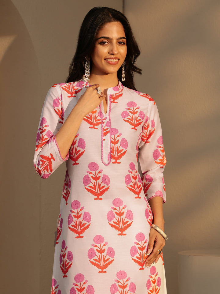 Libas White Floral Printed Straight  Cotton Blend Suit Set
