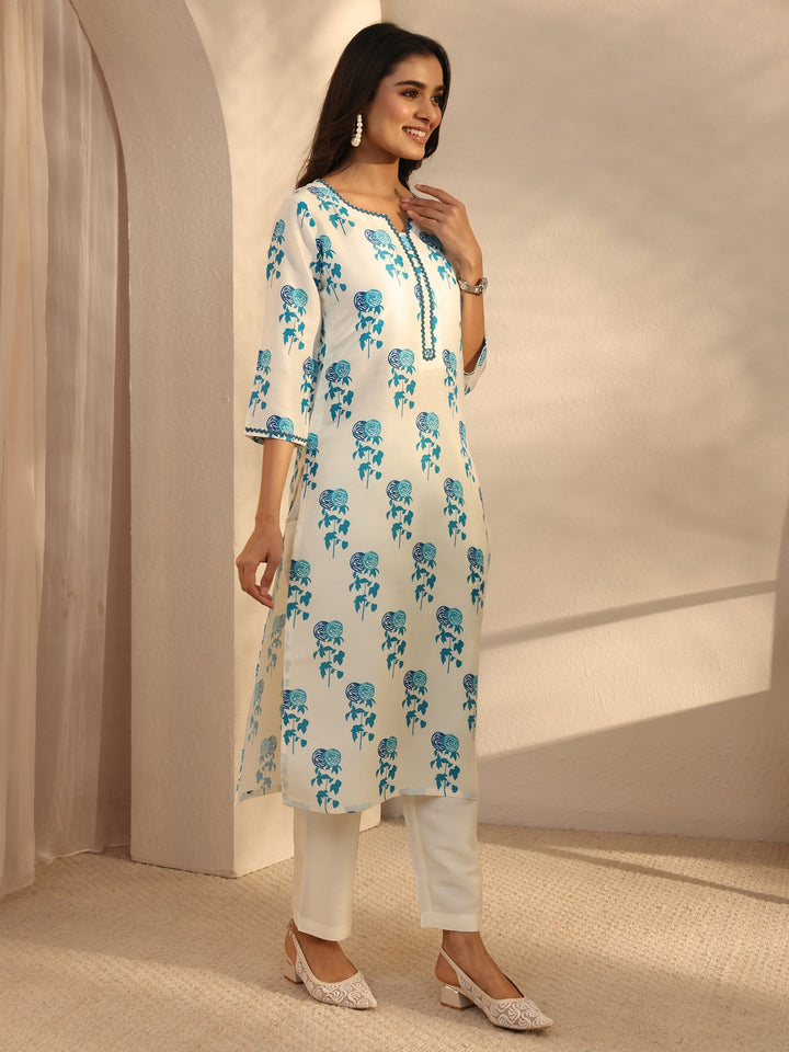 White Floral Printed Cotton Blend Straight Suits Set With Dupatta