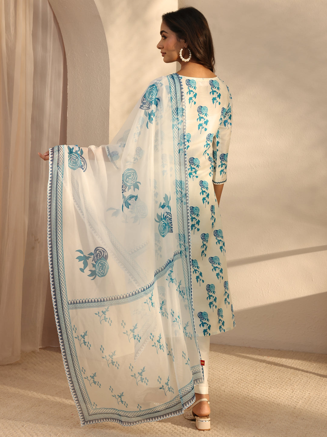 White Floral Printed Cotton Blend Straight Suits Set With Dupatta
