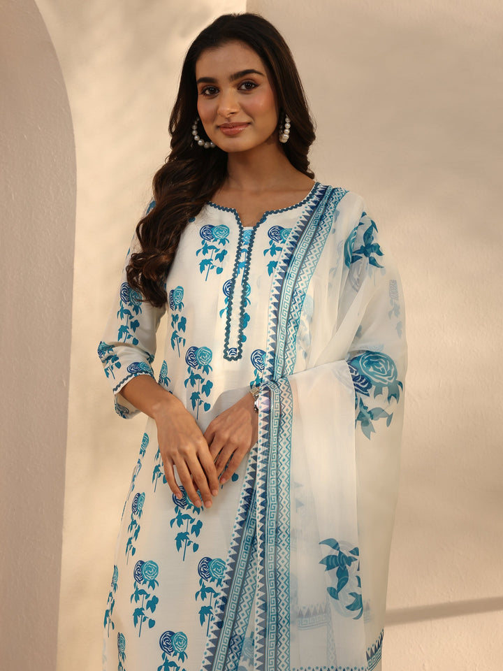 White Floral Printed Cotton Blend Straight Suits Set With Dupatta