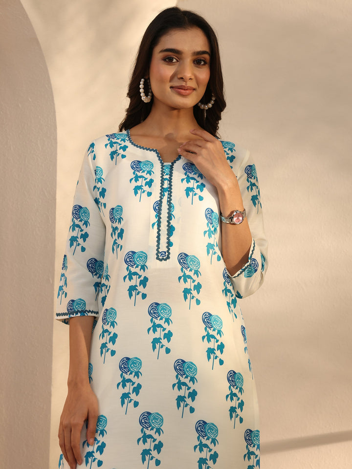 White Floral Printed Cotton Blend Straight Suits Set With Dupatta