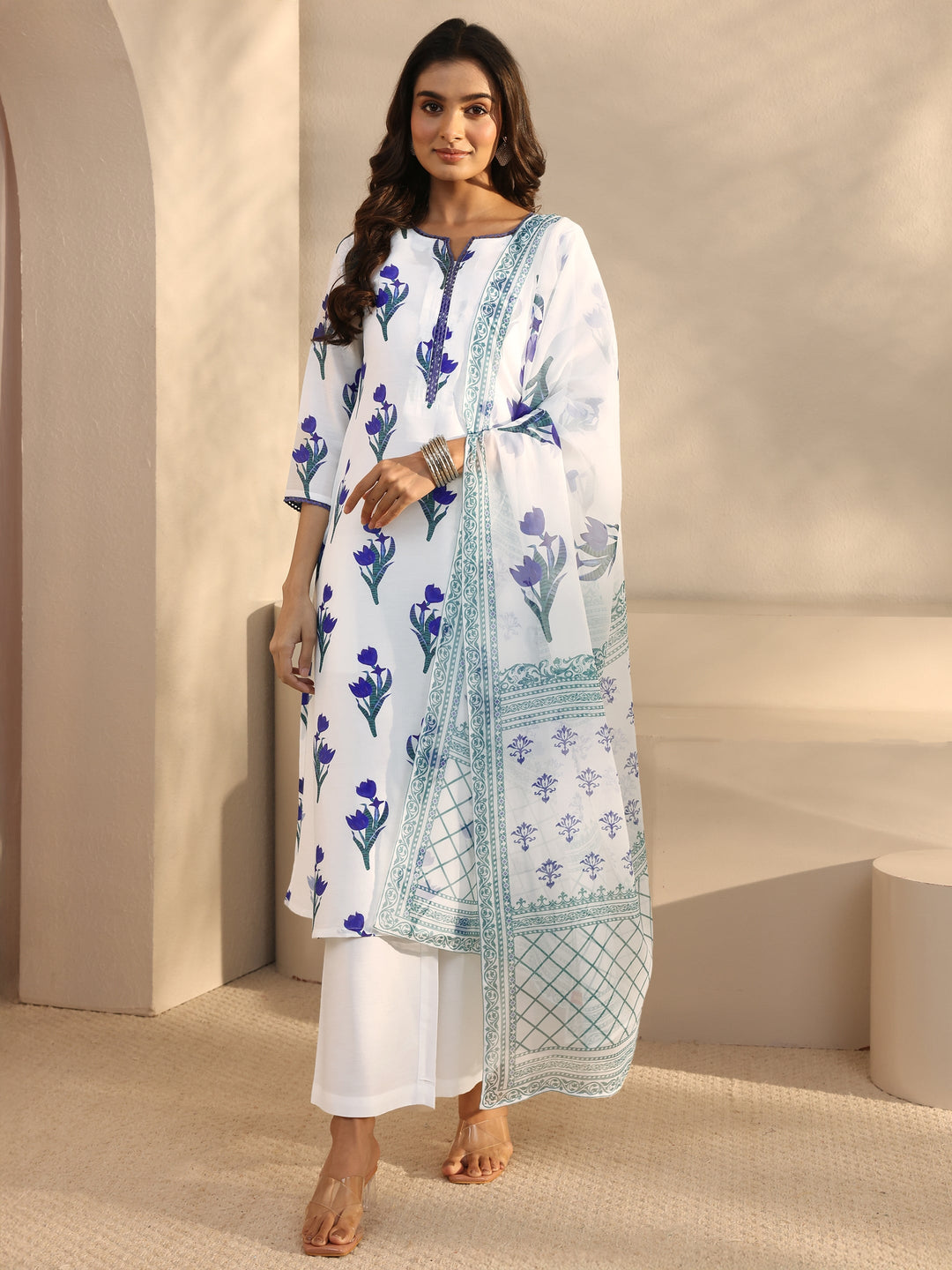 White Floral Printed Cotton Blend Straight Suits Set With Dupatta