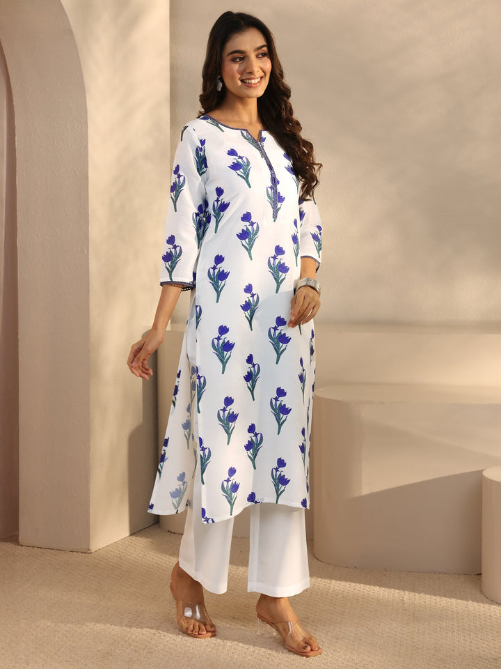 White Floral Printed Cotton Blend Straight Suits Set With Dupatta
