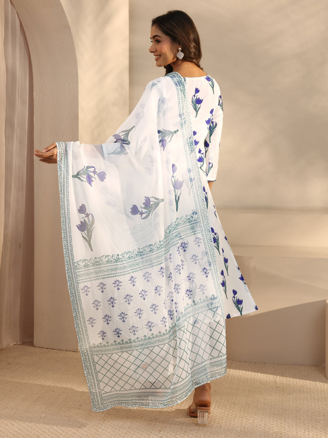 White Floral Printed Cotton Blend Straight Suits Set With Dupatta