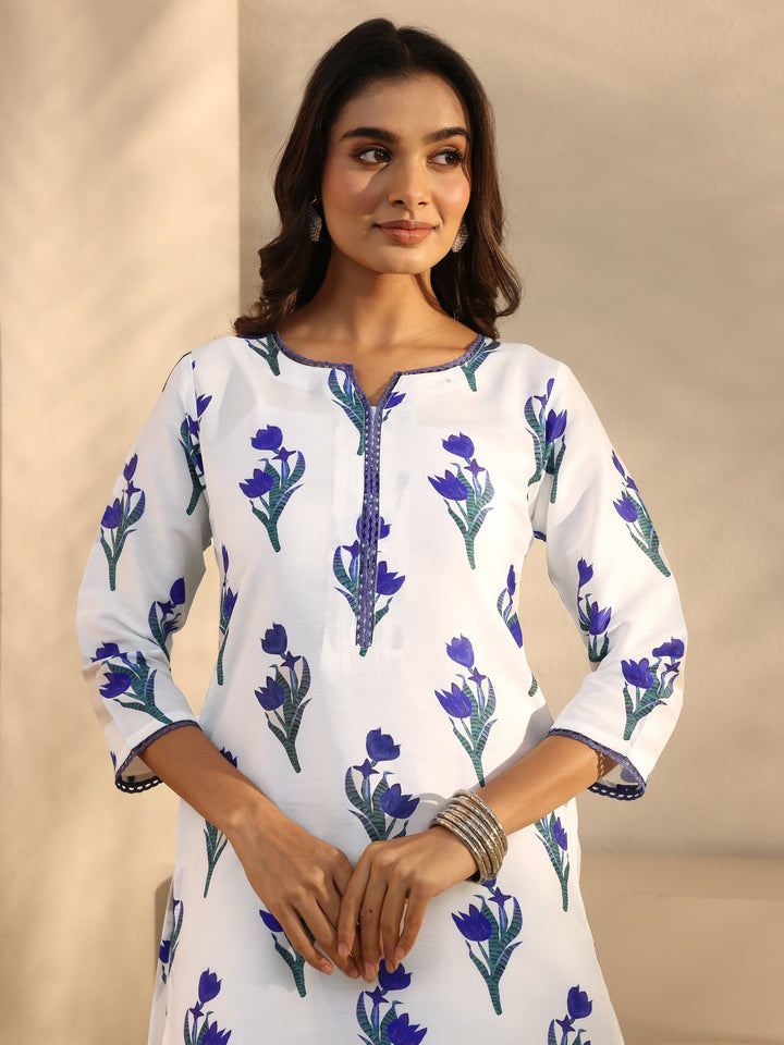 White Floral Printed Cotton Blend Straight Suits Set With Dupatta