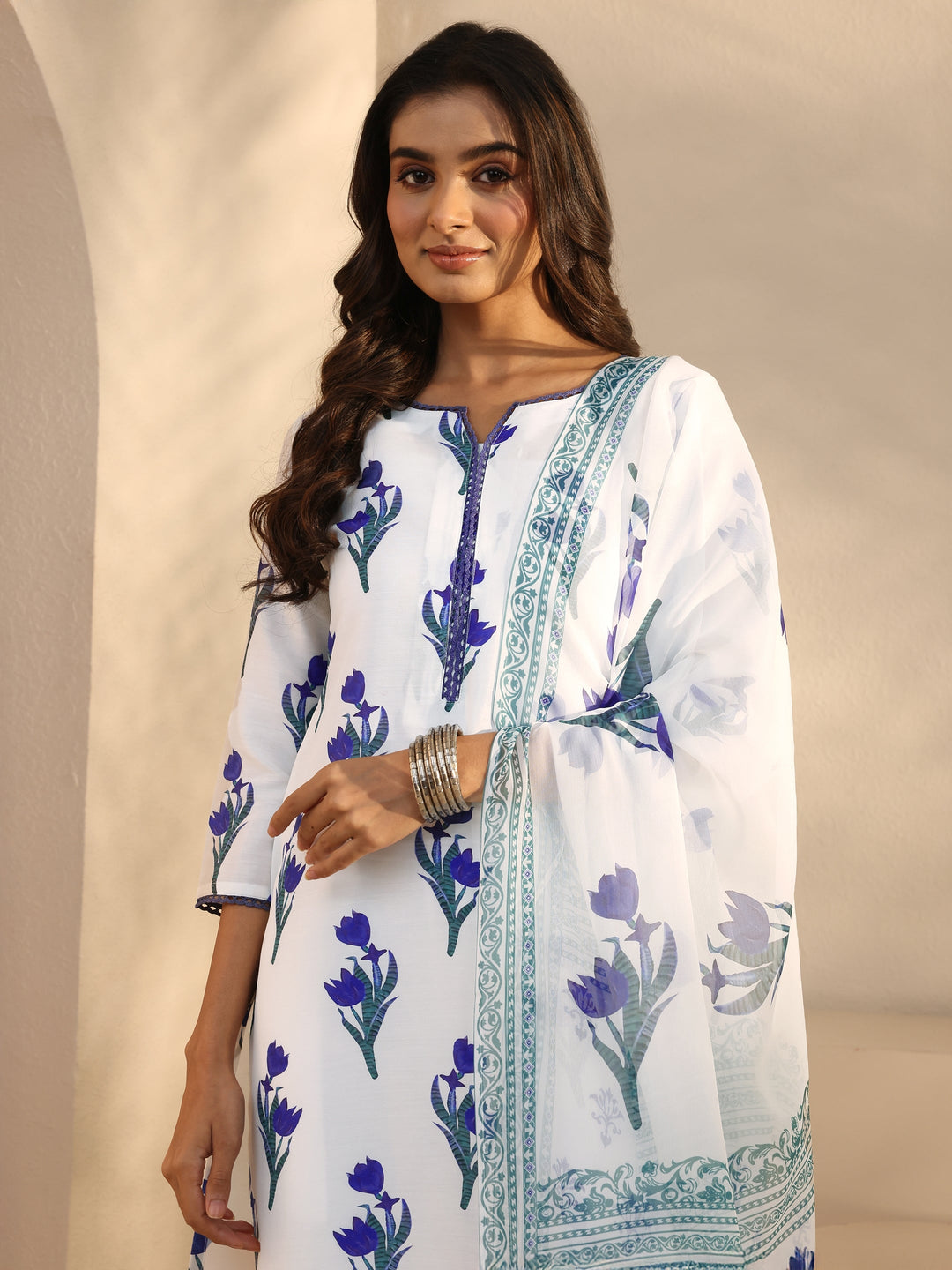 White Floral Printed Cotton Blend Straight Suits Set With Dupatta