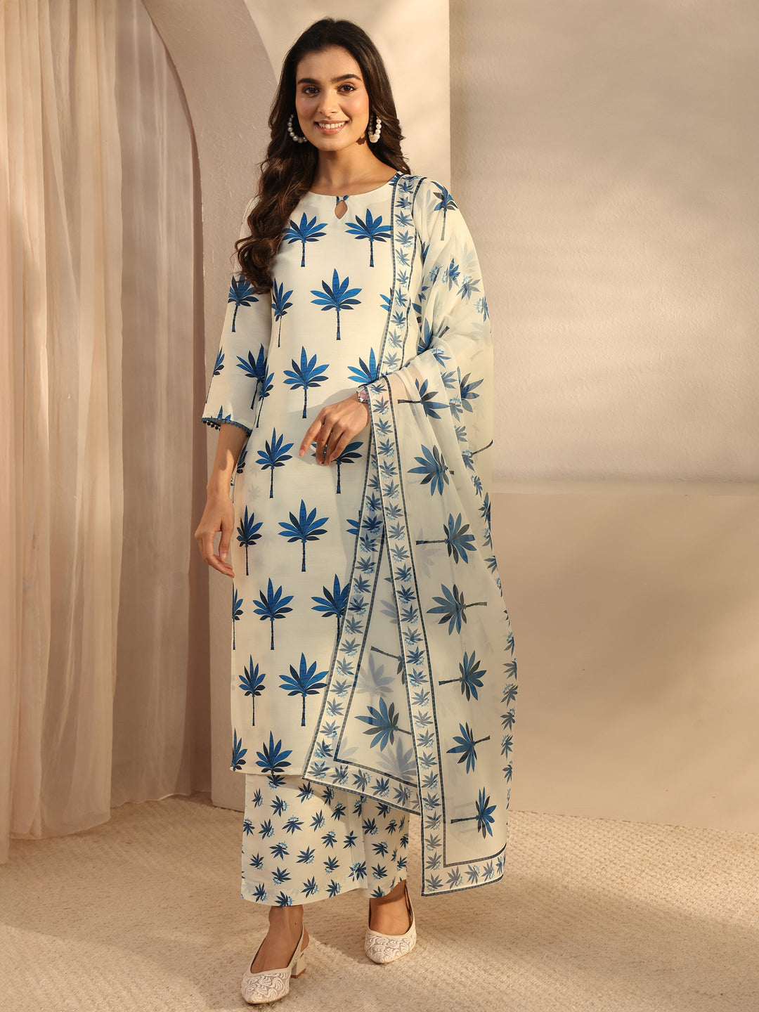 Cream Floral Printed Cotton Blend Straight Suits Set With Dupatta