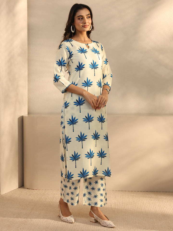 Cream Floral Printed Cotton Blend Straight Suits Set With Dupatta