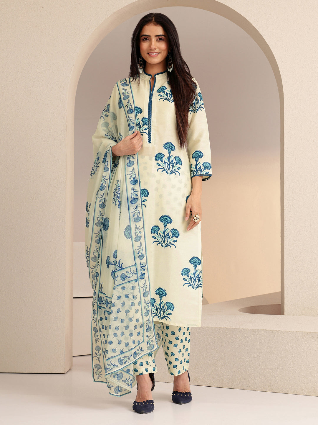 Libas Cream Floral Printed Straight  Cotton Blend Suit Set