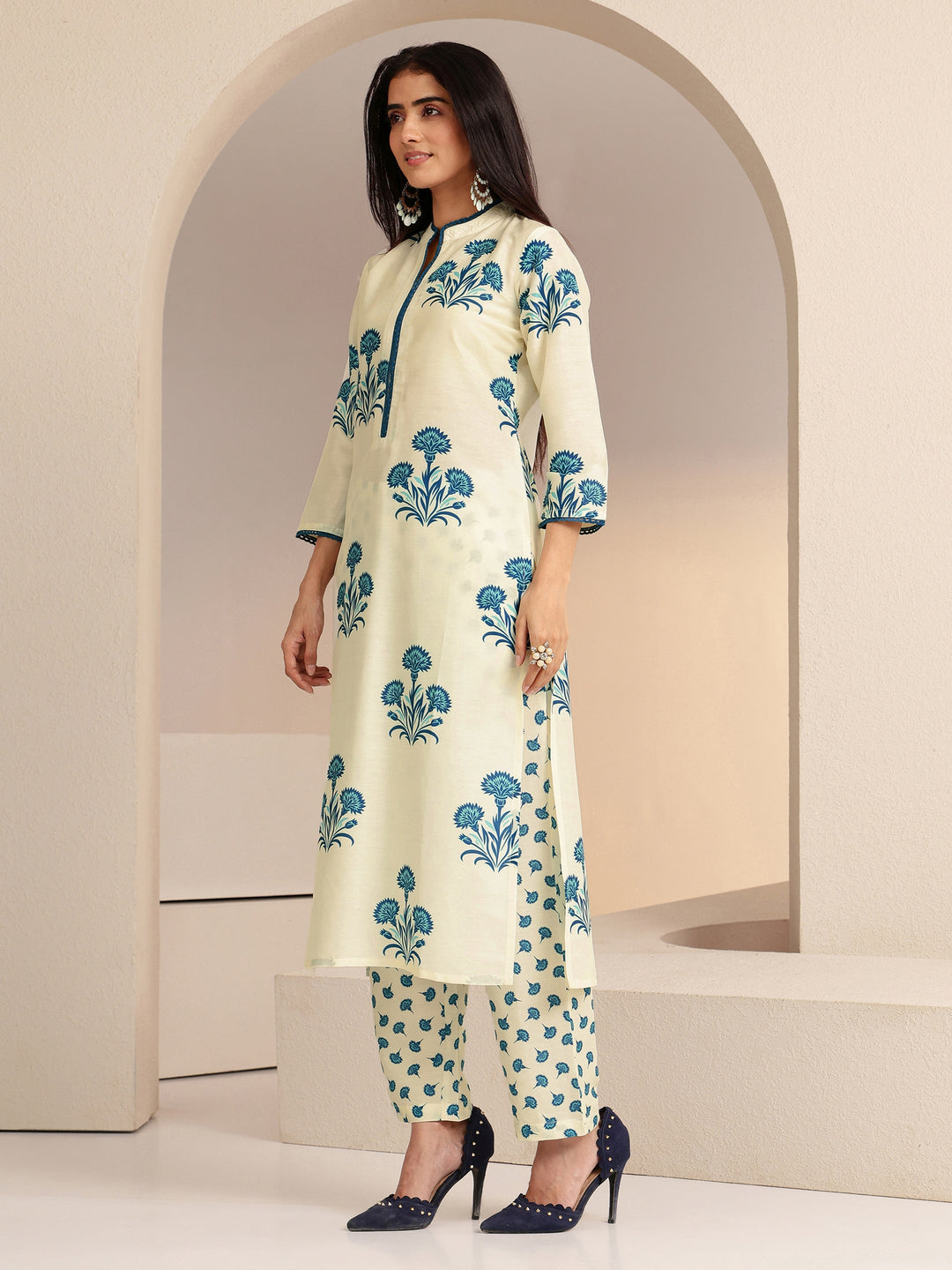 Libas Cream Floral Printed Straight  Cotton Blend Suit Set