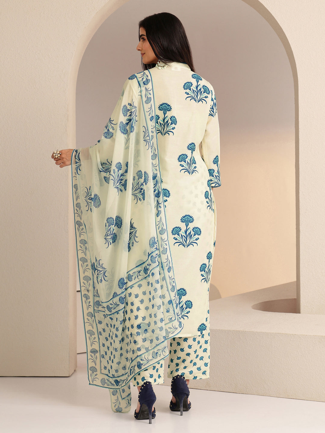 Libas Cream Floral Printed Straight  Cotton Blend Suit Set