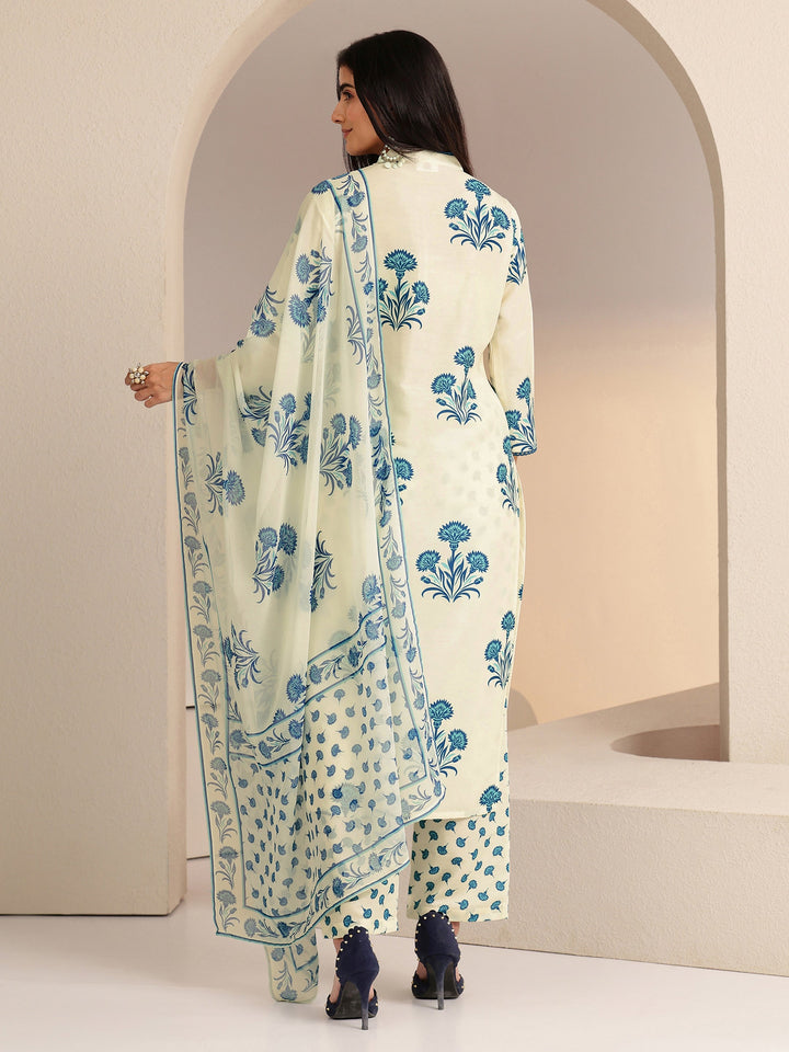 Libas Cream Floral Printed Straight  Cotton Blend Suit Set