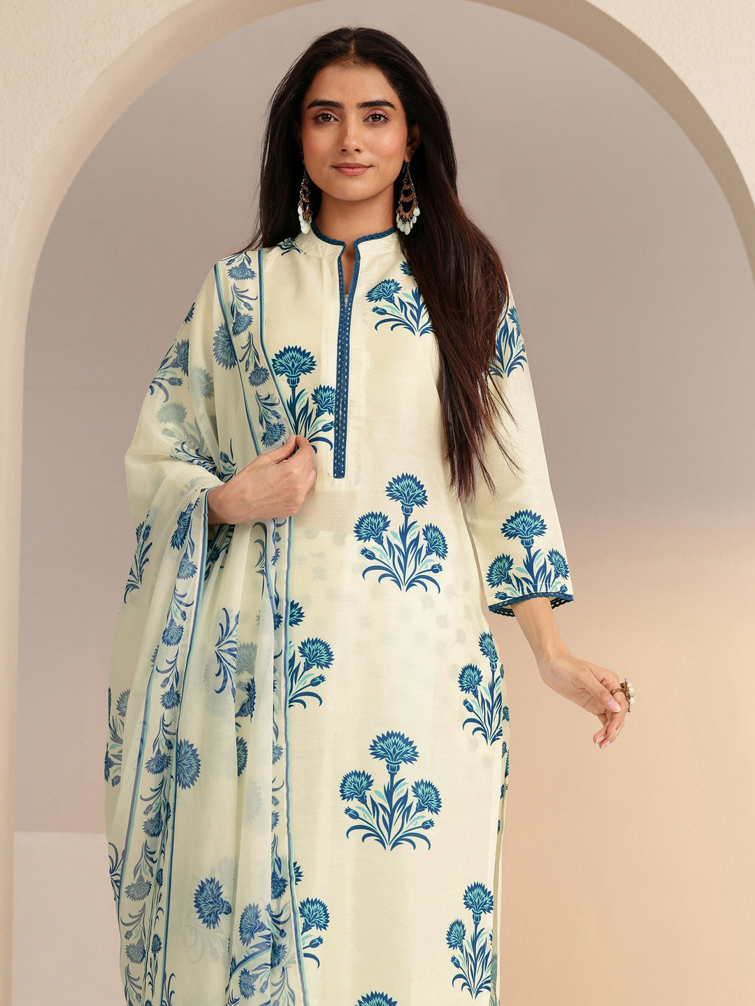 Libas Cream Floral Printed Straight  Cotton Blend Suit Set