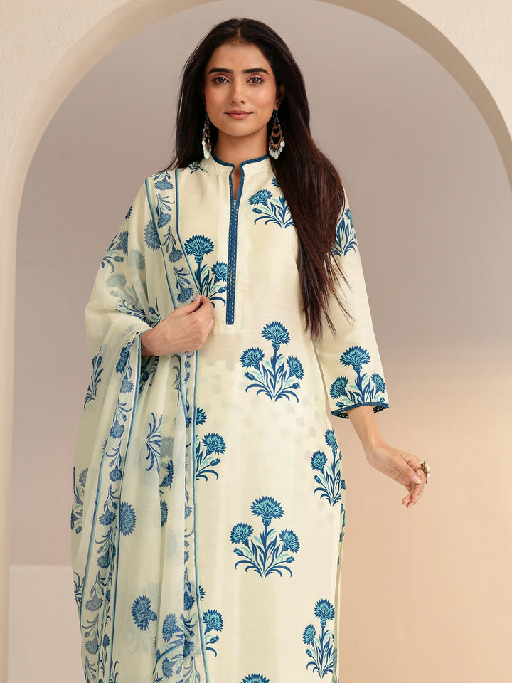 Libas Cream Floral Printed Straight  Cotton Blend Suit Set