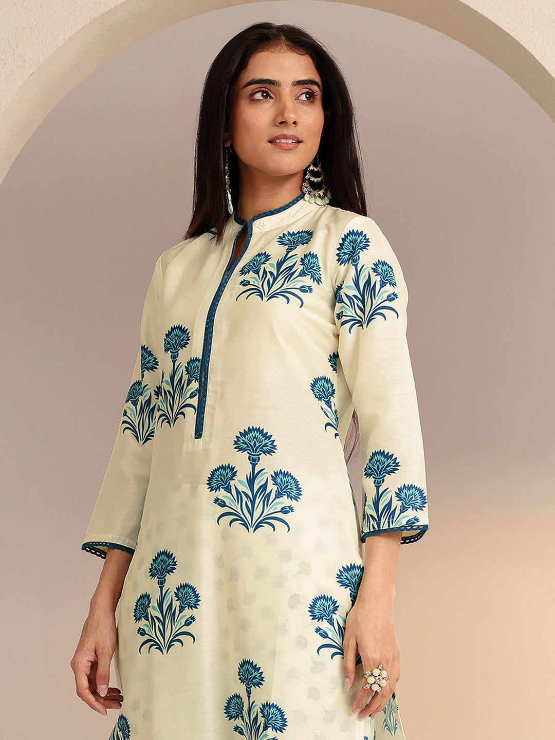 Libas Cream Floral Printed Straight  Cotton Blend Suit Set