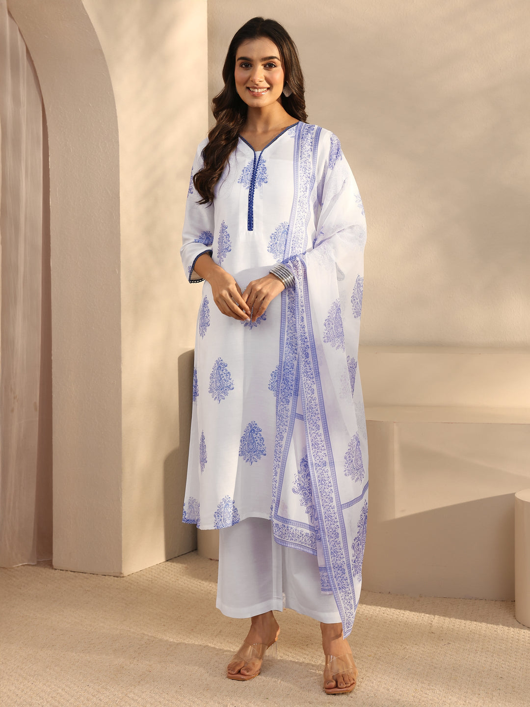 White Floral Printed Cotton Blend Straight Suits Set With Dupatta