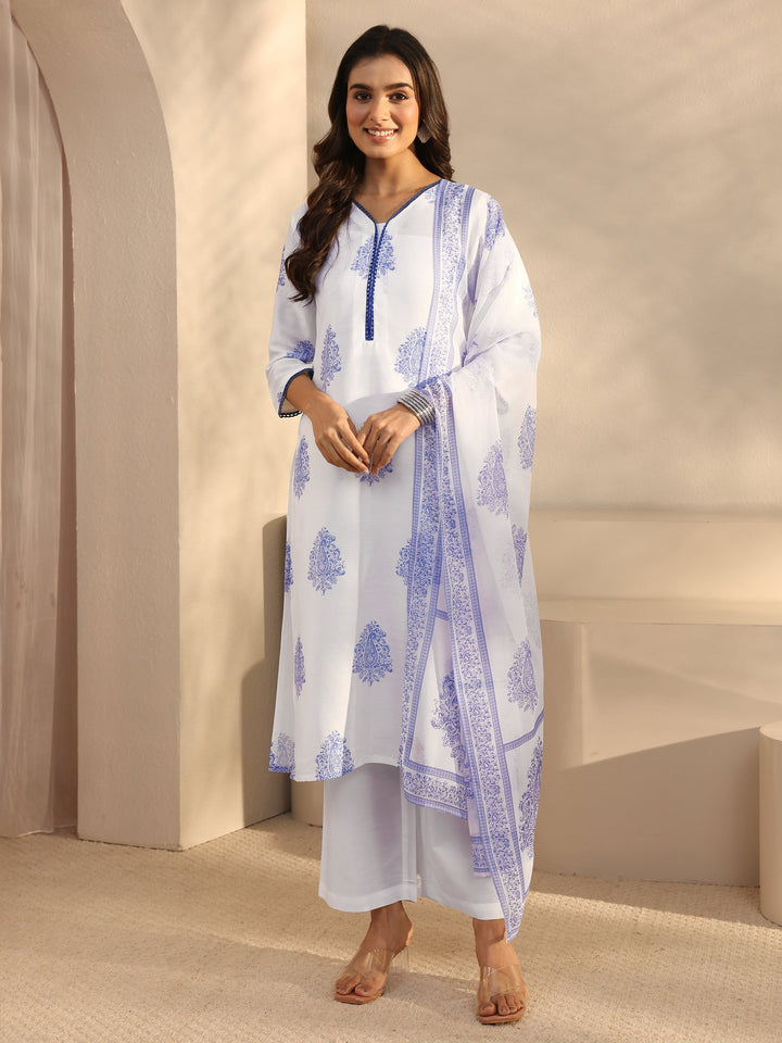 White Floral Printed Cotton Blend Straight Suits Set With Dupatta