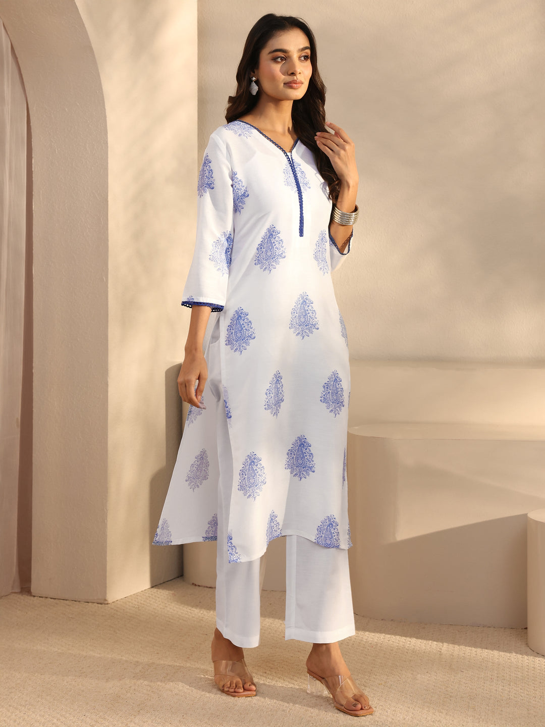 White Floral Printed Cotton Blend Straight Suits Set With Dupatta