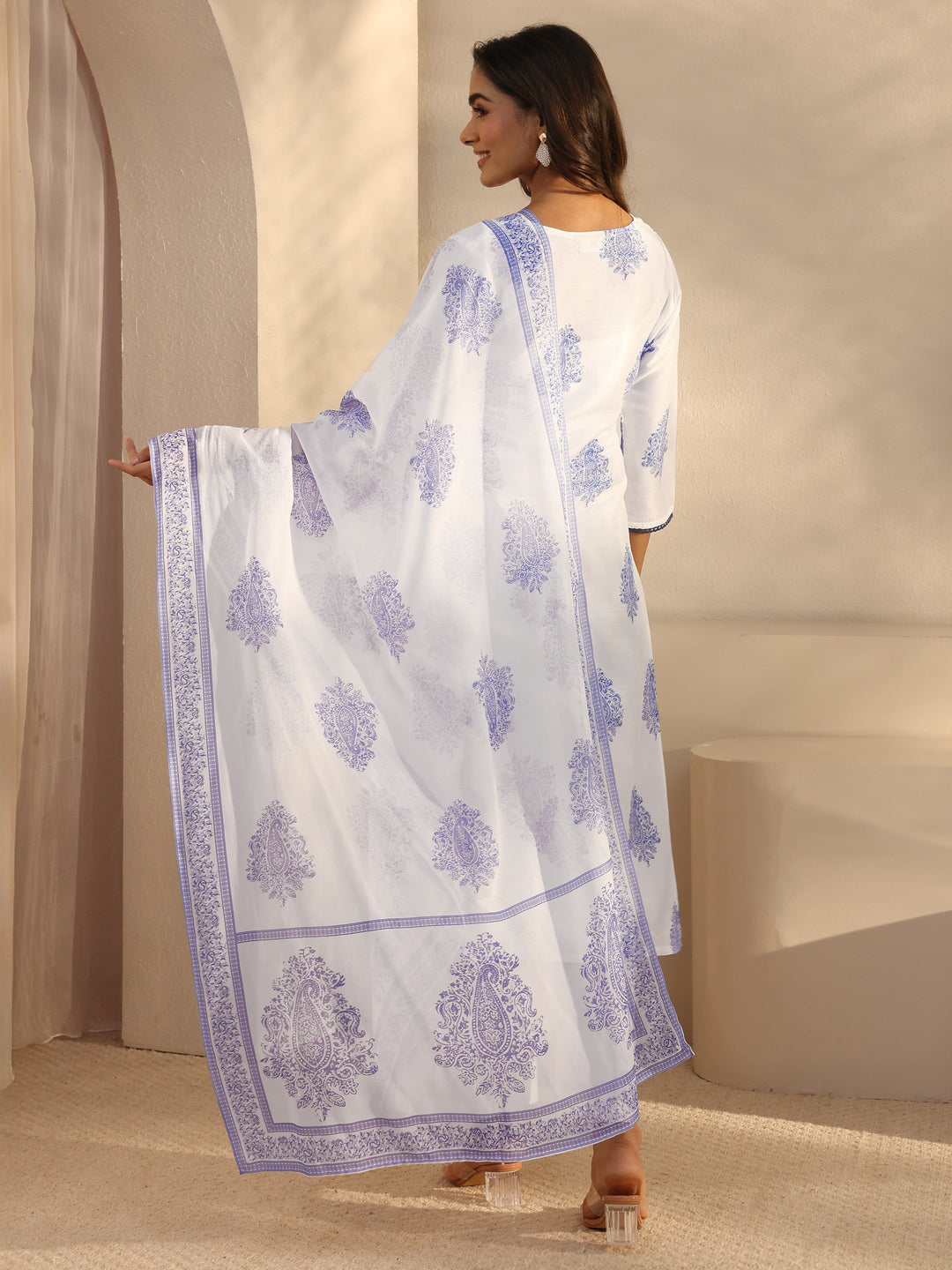 White Floral Printed Cotton Blend Straight Suits Set With Dupatta