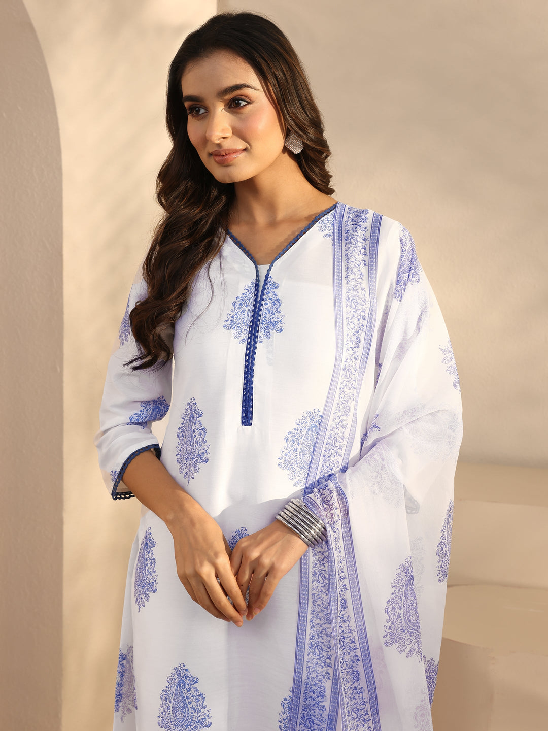 White Floral Printed Cotton Blend Straight Suits Set With Dupatta