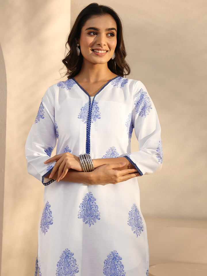 White Floral Printed Cotton Blend Straight Suits Set With Dupatta