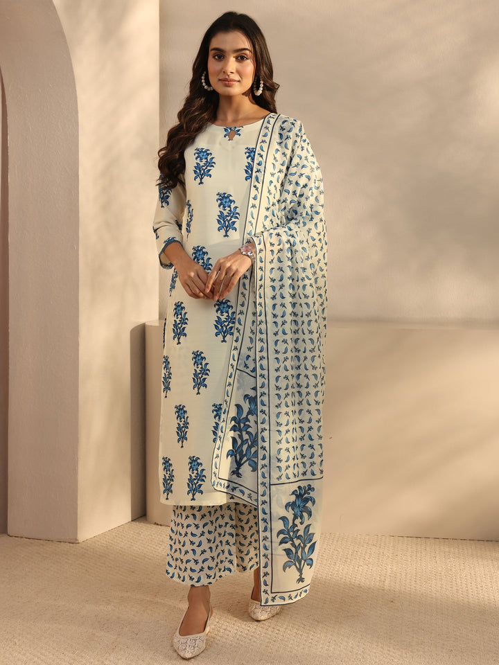 Cream Floral Printed Cotton Blend Straight Suits Set With Dupatta