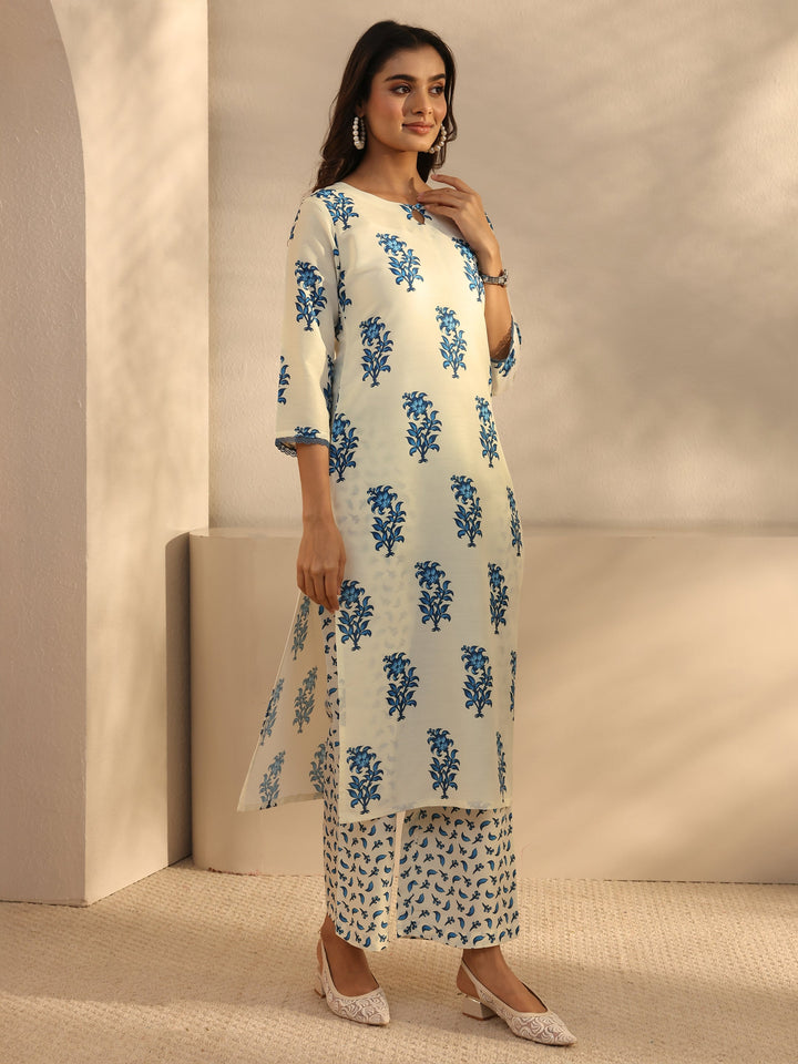 Cream Floral Printed Cotton Blend Straight Suits Set With Dupatta